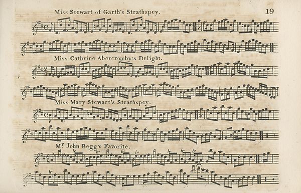 (22) Page 19 - Miss Stewart of Garth's Strathspey -- Miss Catherine Abercromby's Delight -- Miss Mary Stewart's Strathspey -- Mr John Begg's Favorite