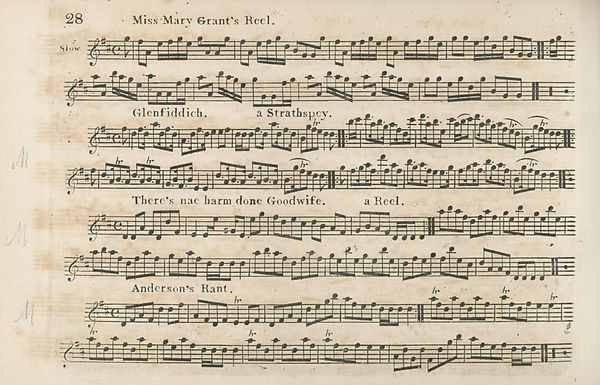 (31) Page 28 - Miss Mary Grant's Reel -- Glenfiddich, a Strathspey -- There's nae harm done Goodwife, a Reel -- Anderson's Rant