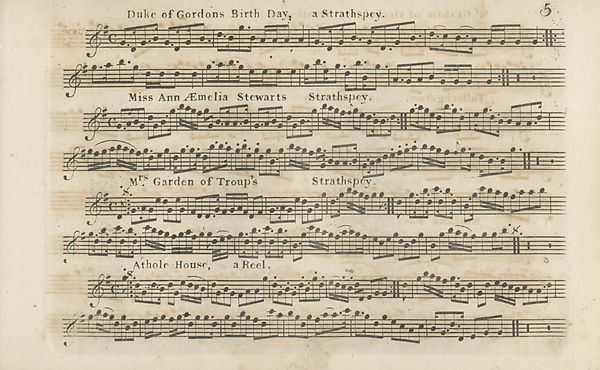 (17) Page 5 - Duke of Gordon's Birth Day, a Strathspey -- Miss Ann Aemelia Stewart's Strathspey -- Mrs Garden of Troup's Strathspey -- Athole House, a Reel