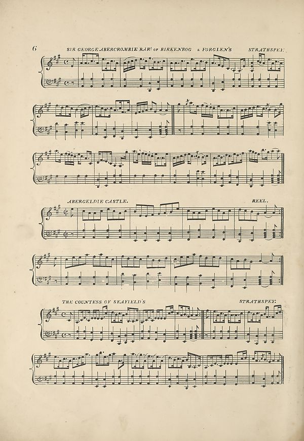 (18) Page 6 - Sir George Abercrombie Bart. of Birkenbrog & Forglen's strathspey -- Abergeldie Castle reel -- Countess of Seafield's strathspey