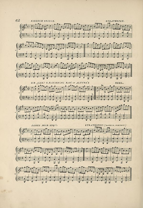 (74) Page 62 - Fiddich Bridge strathspey-- Sir Alex G P Cumming Bart. of Altyre's reel -- James Moir Esq.'s strathspey