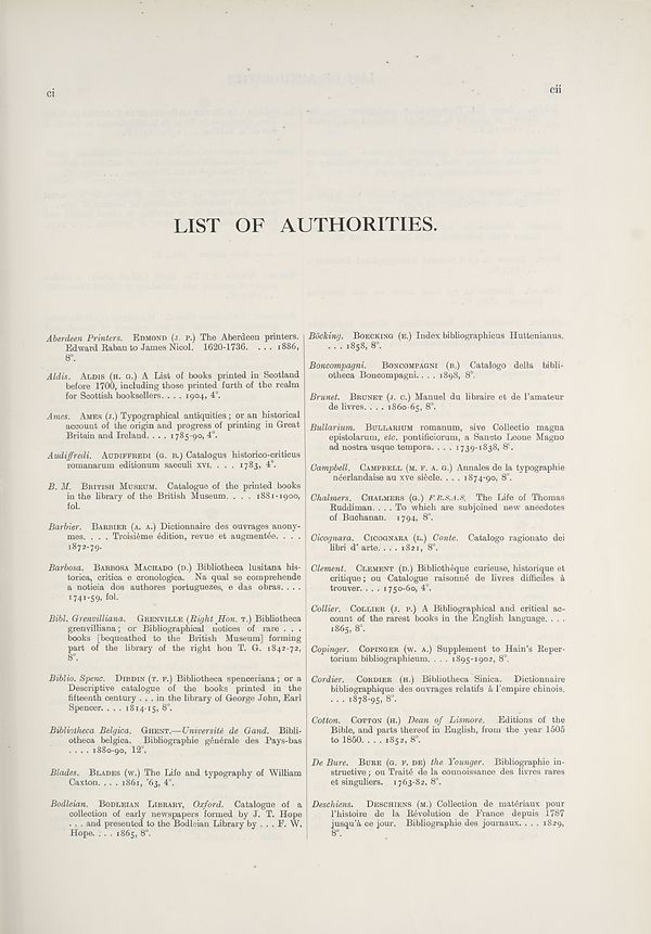 (61) Columns ci and cii - List of authorities