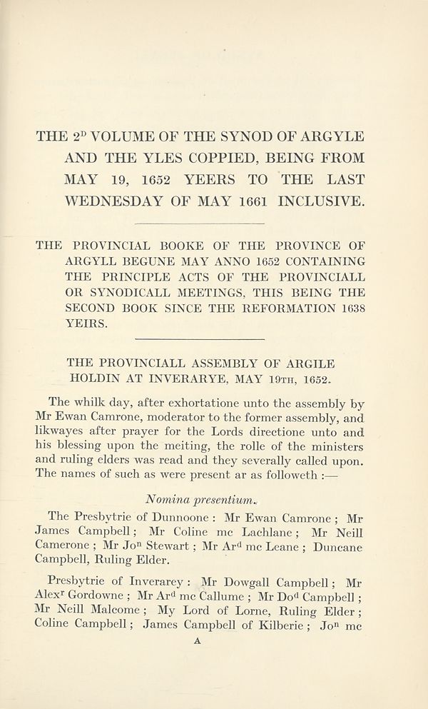 (38) [Page 1] - 2nd volume of the Synod of Argyle and the Yles coppied, being from May 19, 1652 yeers to the last Wwednesday of May 1661 inclusive