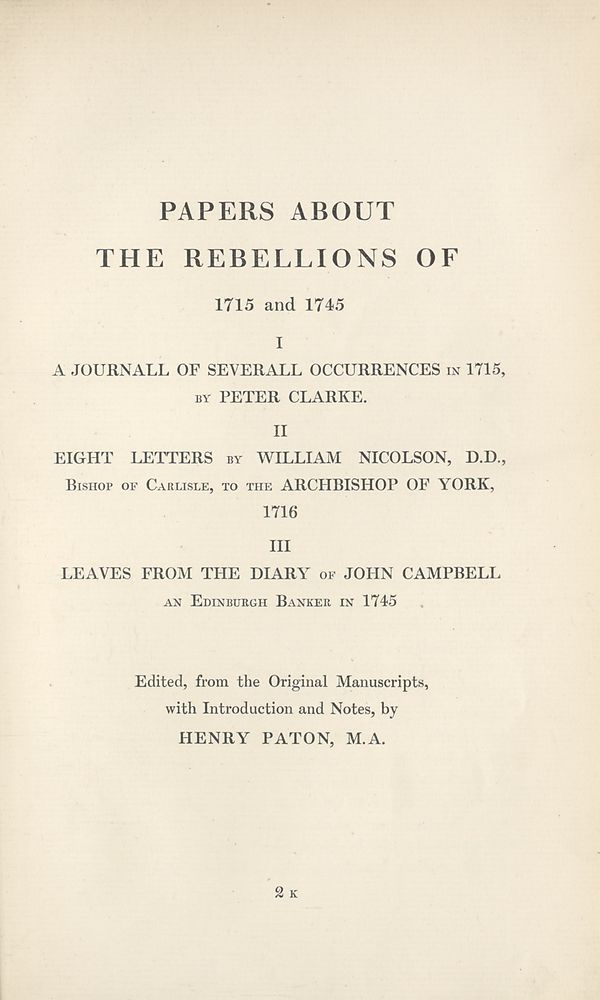 (602) Divisional title page - Papers about the Rebellions of 1715 and 1745