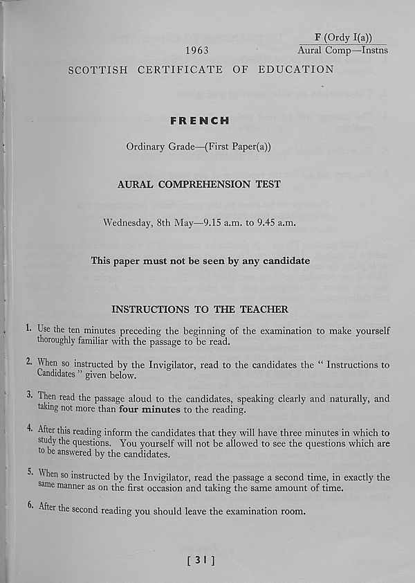 (161) French, Ordinary Grade - (First Paper (a)) - Aural comprehension test