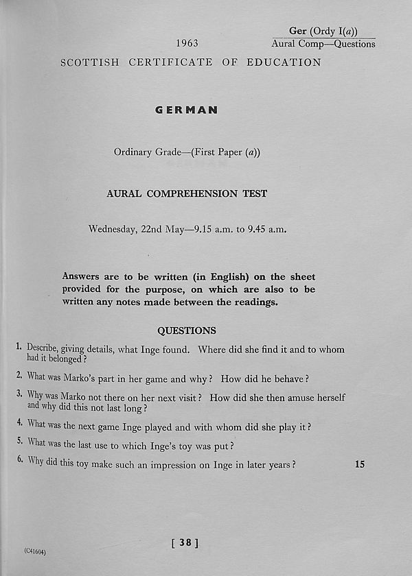 (185) German, Ordinary Grade - (First Paper (a)) - Aural comprehension test