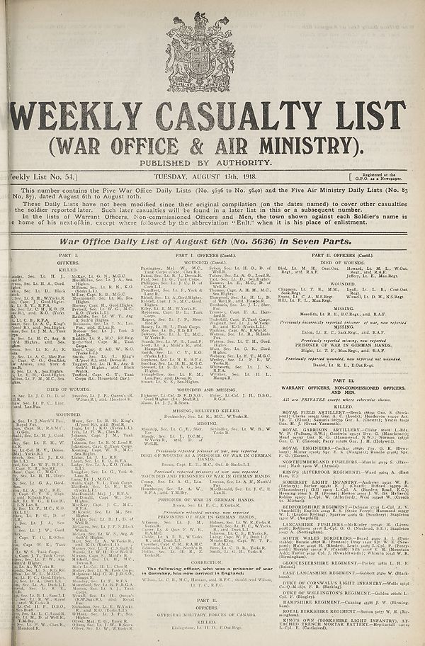 (1) War Office daily list of August 6th (No. 5636) in seven parts