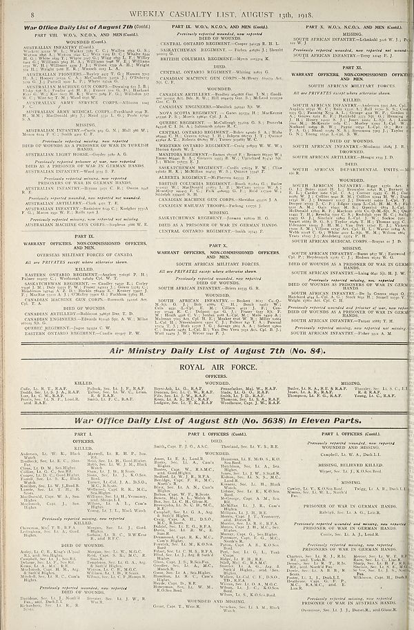 (8) War Office daily list of August 7th (Contd.) ; Air Ministry daily list of August 7th (No. 84) ; War Office daily list of August 8th (No. 5638) in eleven parts