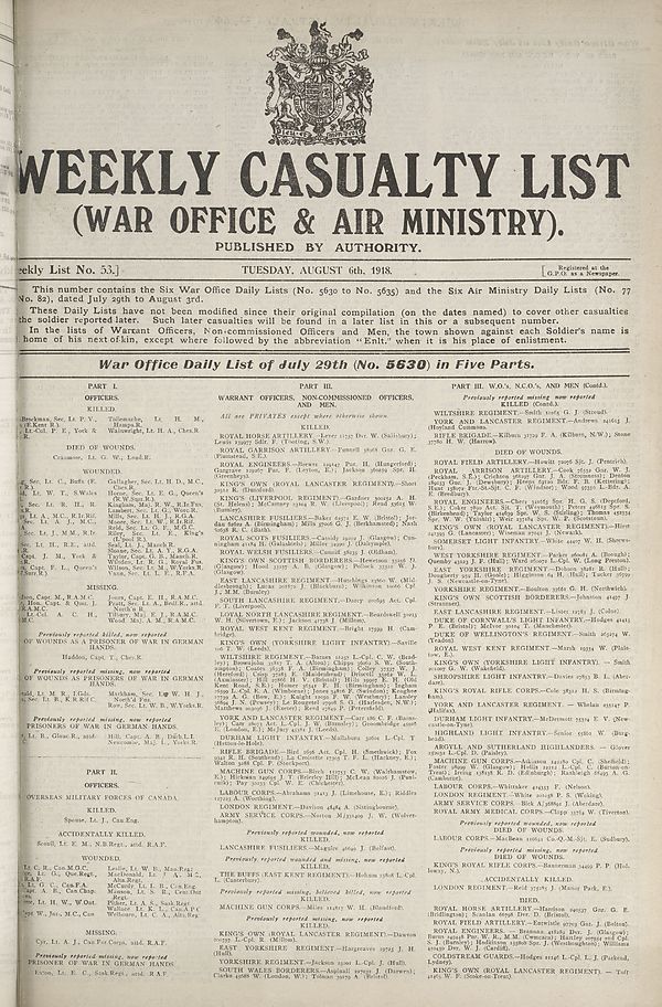 (1) War Office daily list of July 29th (No. 5630) in five parts