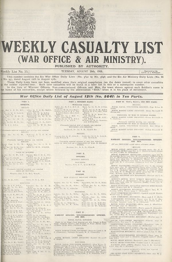 (1) War Office daily list of August 12th (No. 5641) in ten parts