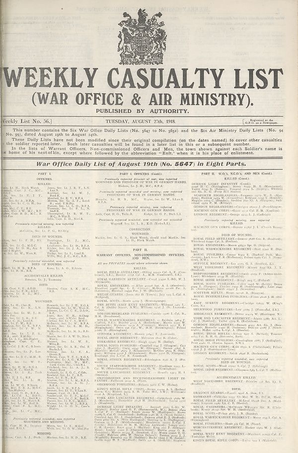 (1) War Office daily list of August 19th (No. 5647) in eight parts