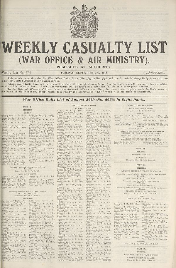 (1) War Office daily list of August 26th (No. 5653) in eight parts