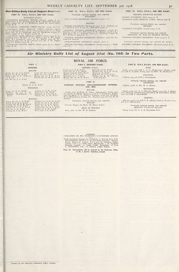 (31) War Office daily list of August 31st (Contd.) ; Air Ministry daily list of August 31st (No. 105) in two parts