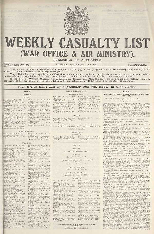(1) War Office daily list of September 2nd (No. 5659) in nine parts