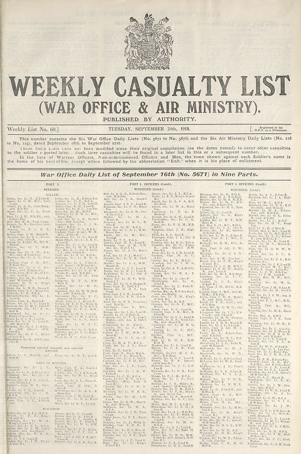 (1) War Office daily list of September 16th (No. 5671) in nine parts