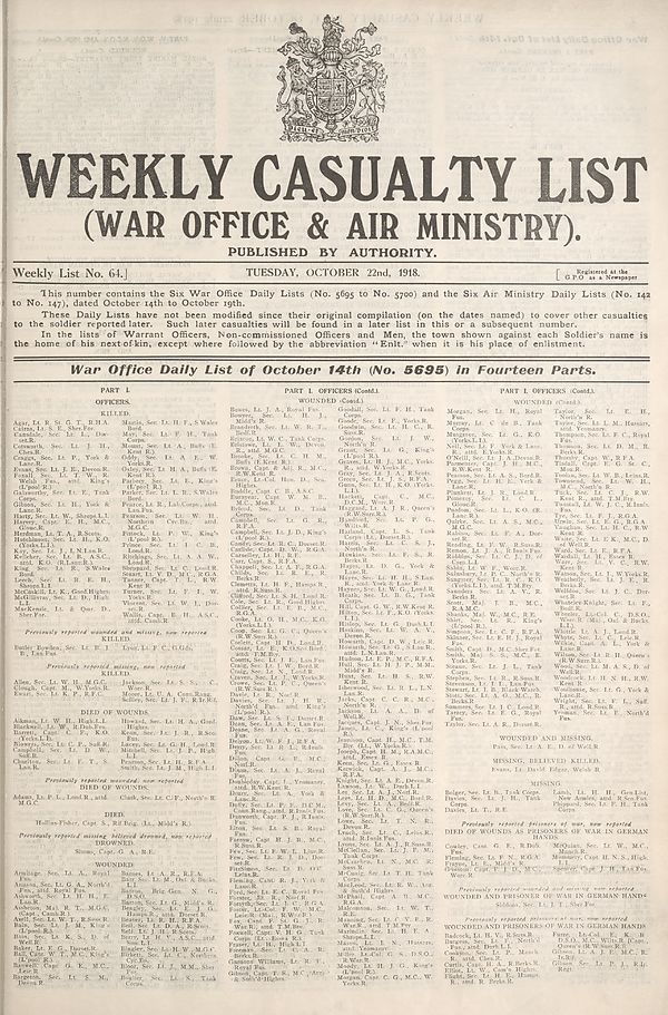 (1) War Office daily list of October 14th (No. 5695) in fourteen parts