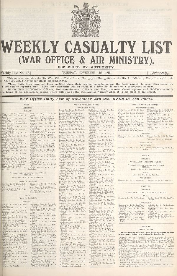 (1) War Office daily list of November 4th (No. 5713) in ten parts