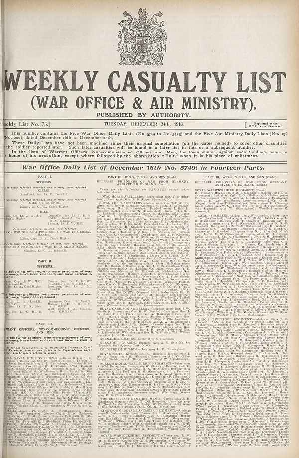 (1) War Office daily list of December 16th (No. 5749) in fourteen parts