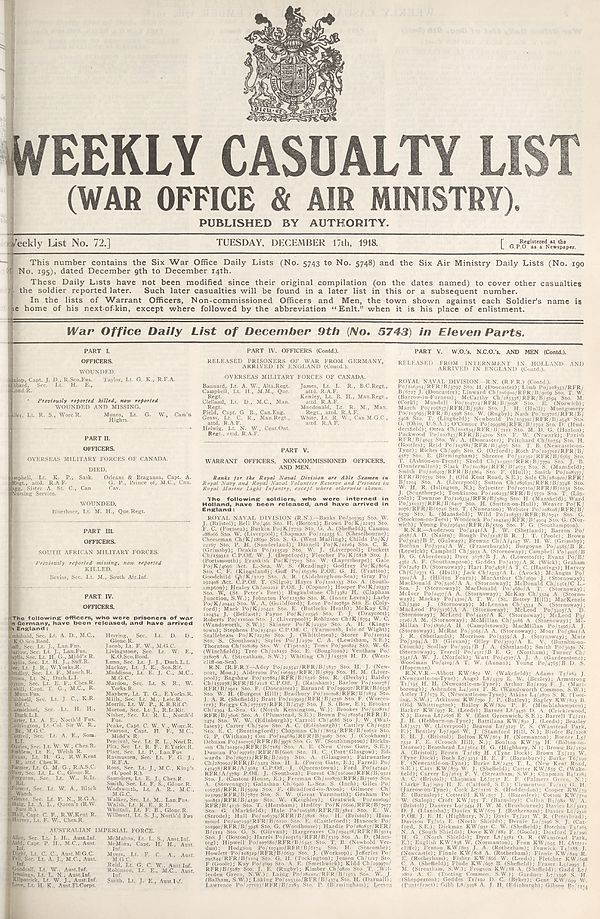 (1) War Office daily list of December 9th (No. 5743) in eleven parts