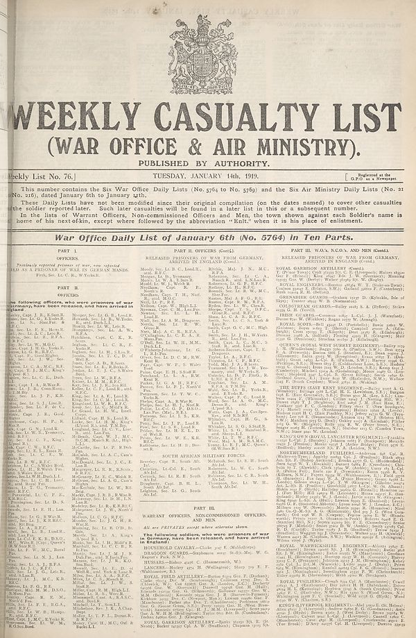 (1) War Office daily list of January 6th (No. 5764) in ten parts