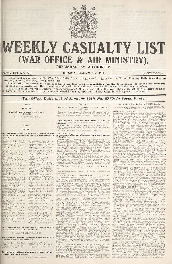 (1) War Office daily list of January 13th (No. 5770) in seven parts