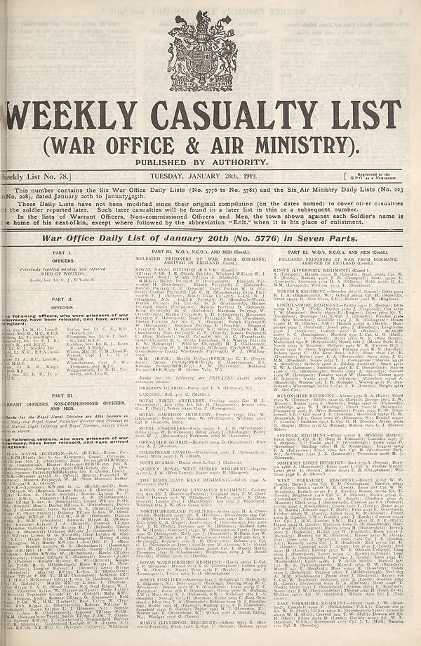 (1) War Office daily list of January 20th (No. 5776) in seven parts