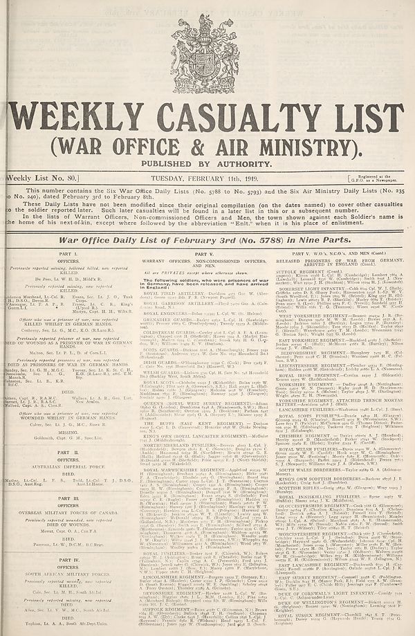 (1) War Office daily list of February 3rd (No. 5788) in nine parts