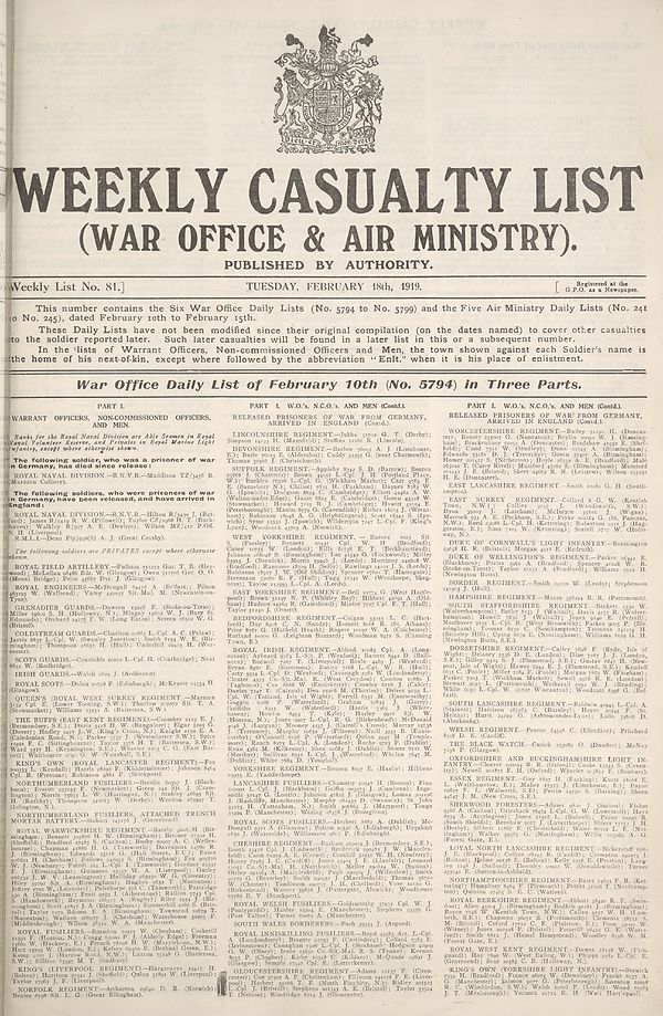 (1) War Office daily list of February 10th (No. 5794) in three parts