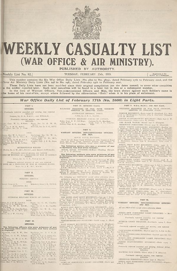 (1) War Office daily list of February 17th (No. 5800) in eight parts
