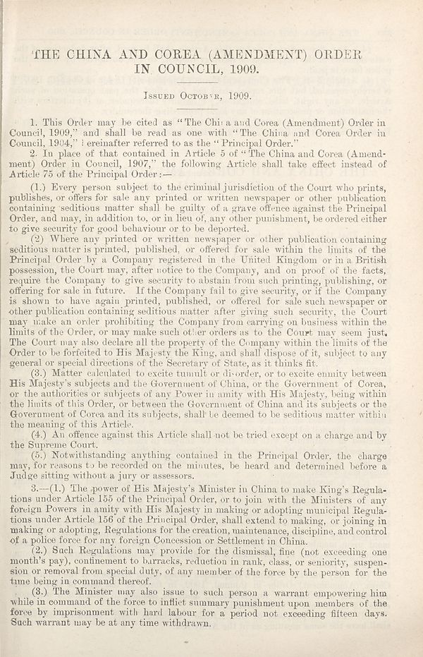 (397) [Page 329] - China and Corea (Amendment) Order in Council, 1909