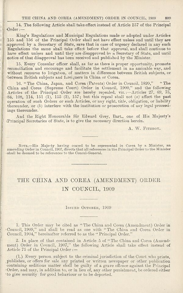(395) Page 339 - China and Corea (Amendment) Order in Council, 1909