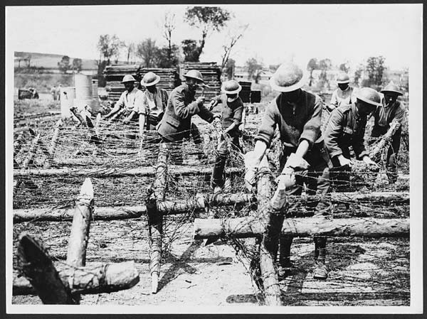 (59) L.558 - British troops fixing barbed wire to racks which are used to protect our trenches