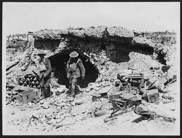 (95) N.699 - Vew in the German lines showing an ammunition dug-out that has been blown up at Achiet le Petit