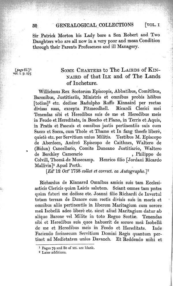 (64) Volume 1, Page 52 - Some charters to the Lairds of Kinnaird of that Ilk and of the lands of Incheture
