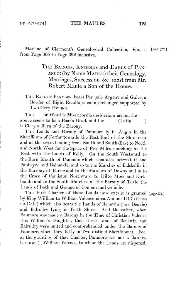 (133) Volume 2, Page 125 - Barons, knights and Earls of Panmore (by name Maule), their genealogy, marriages, succession &c. most from Mr. Robert Maule a son of the house