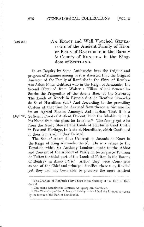 (284) Volume 2, Page 276 - Exact and well vouched genealogie of  the ancient family of Knoc or Knox of Ranfurlie in the Barony & County of Renfrew in the Kingdom of Scotland