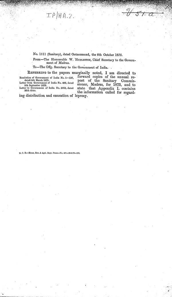 (4) No. 1111 Sanitary - Letter to accompany report of Sanitary Commissioner, Madras, 1875