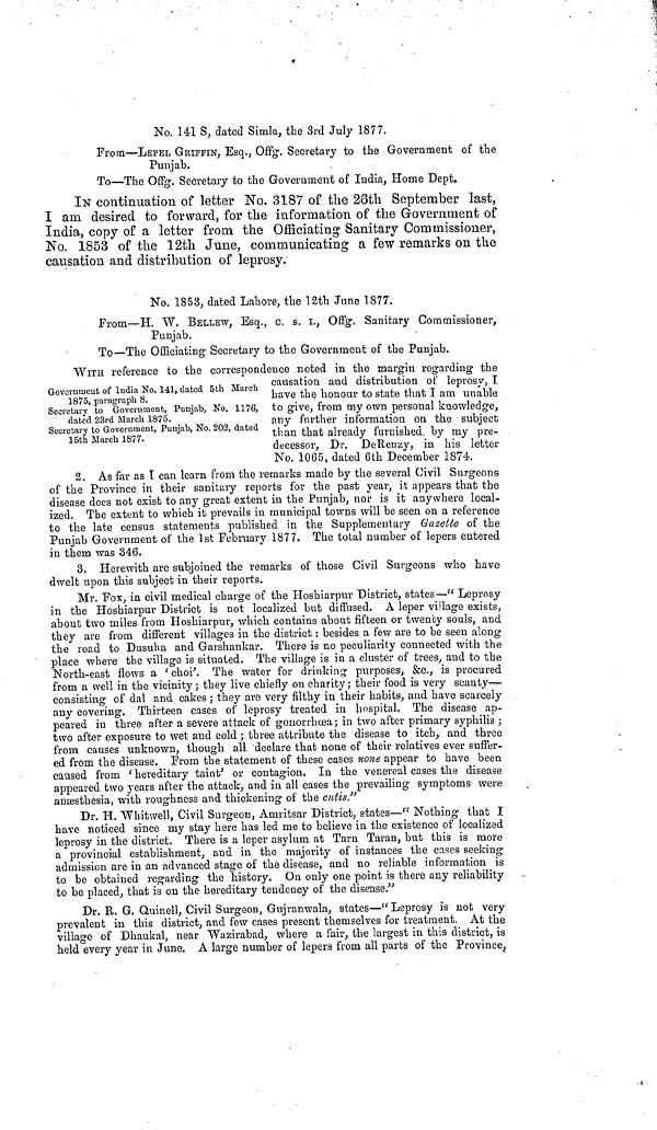 (28) Letter concerning causation and distribution of leprosy in the Punjab