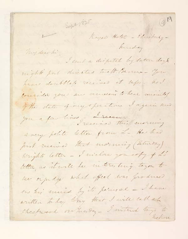 Letter of Benjamin Disraeli to John Murray, 18 September 1825 - MS.42625 ff.19-20