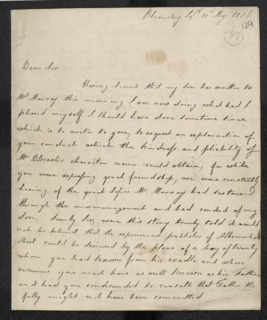 Letter of Mrs Disraeli to John Murray, 21 May 1826 - MS.42625 ff.129-130