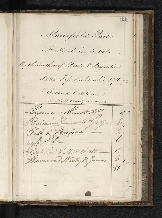Sales subscription list for Jane Austen's 'Mansfield Park', 1816 - MS. 42809 f. 146