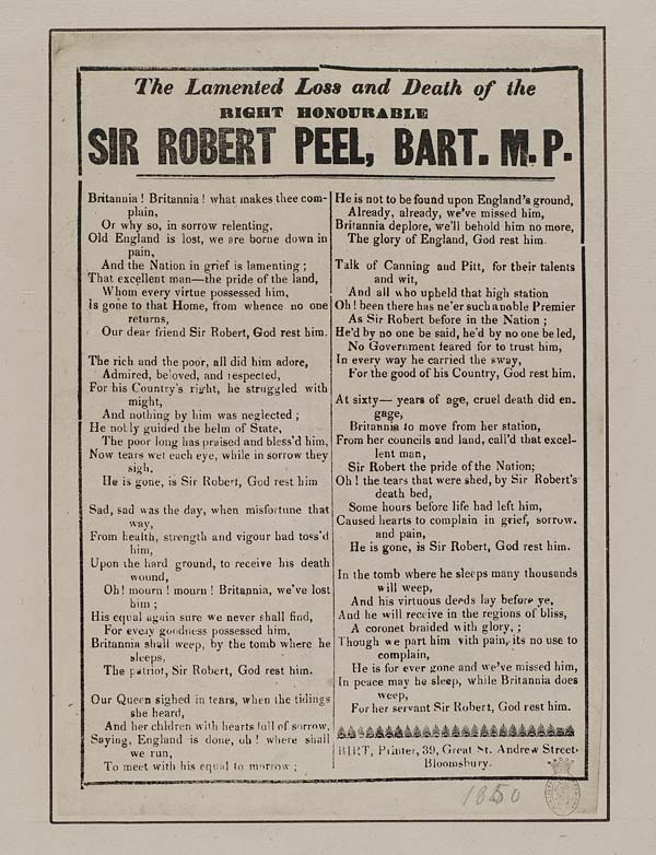 (11) Lamented loss and death of the right honourable Sir Robert Peel, Bart MP