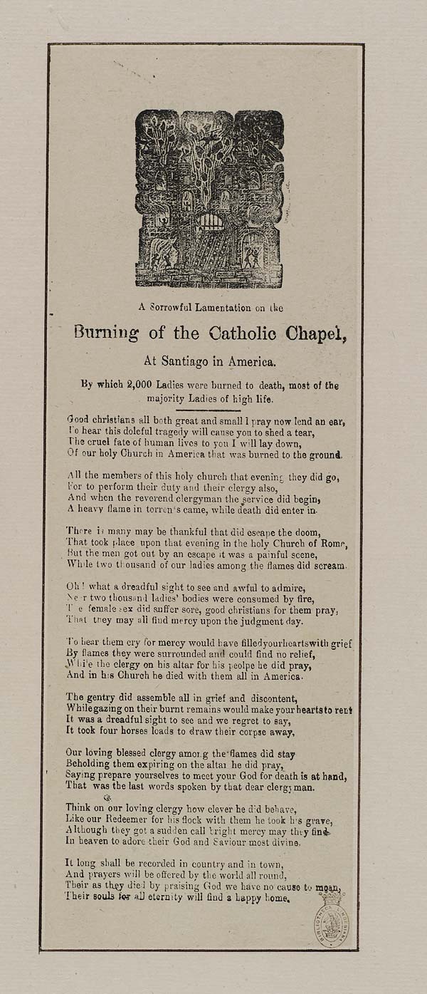 (26) Sorrowful lamentation on the burning of the Catholic Chapel, at Santiago in America