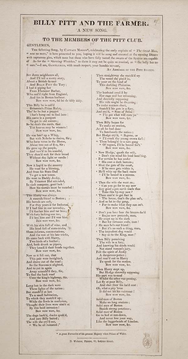 Billy Pit Billy Pitt and the farmer - Politics & government - English ballads ...
