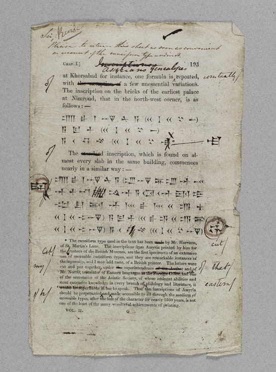 Selected pages of annotated proofs of Sir Austen Henry Layard's 'Nineveh and its Remains', 1848 - MS.42352