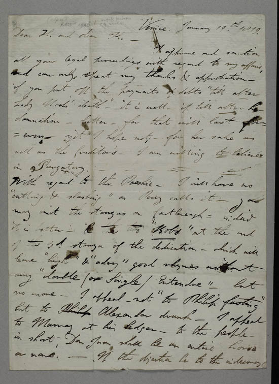 Letter of Lord Byron to John Cam Hobhouse and Douglas Kinnaird, 19 January 1819 - Ms.43439