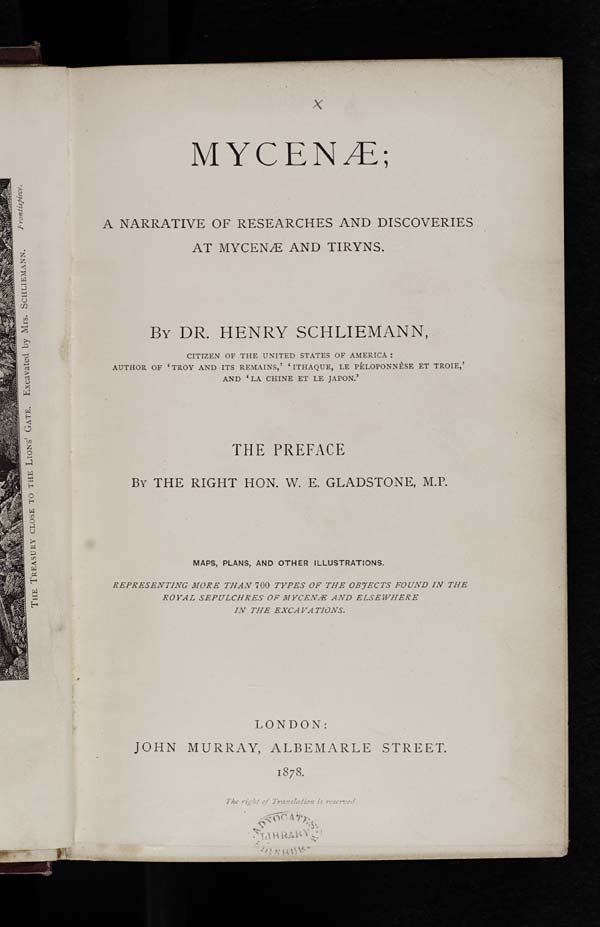 Title page of Dr. Heinrich Schliemann's 'Mycenae', 1878 - E.70.c.14