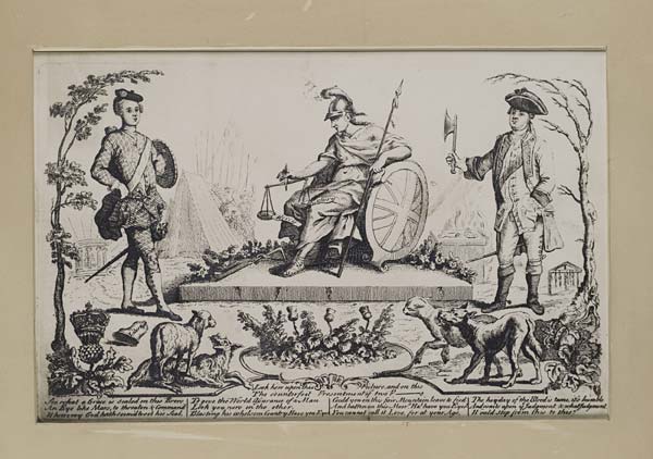 (8) Blaikie.SNPG.1.16 - Britannia sitting between Prince Charles and Cumberland weighing Mercy and Butchery

Prince Charlie, Britania, and Duke Cumberland surrounded by Scottish thistles, lambs and dogs. In front of Prince Charlie, lamb standing on dog; behind Prince a tent wi
