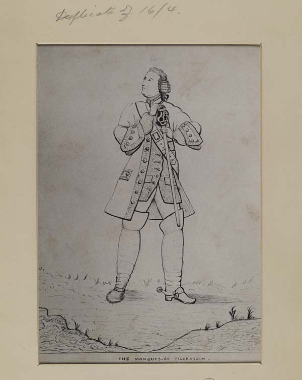 (574) Blaikie.SNPG.4.16 - William Murray, Marquis of TULLIBARDINE (d 1746)

Portrait with text "The Marques. Of Tilebardon" wearing a fine coat, holding a sword, and wearing long boots with spurs standing in countryside