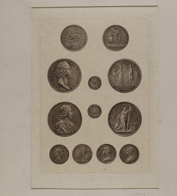 (630) Blaikie.SNPG.7.1 - Proposed coinage of the Stuarts

4 extra large, 2 large, 4 medium, and 2 small coins with pictures of the Stuarts and ships, Classical figures, and an Angel